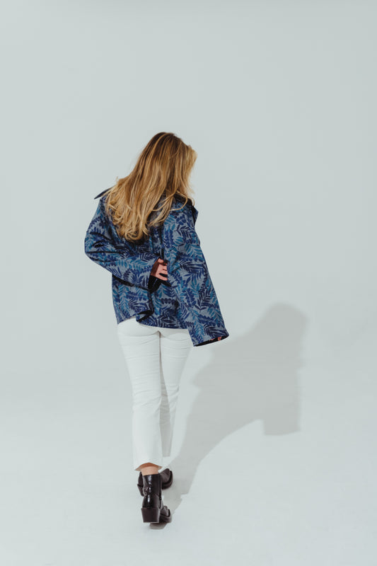 denim leaves design Handmade denim kimono leaves embroidery Women's kimono denim jacket with autumn leaves Kimono denim jacket with leaf print Denim kimono leaves design
